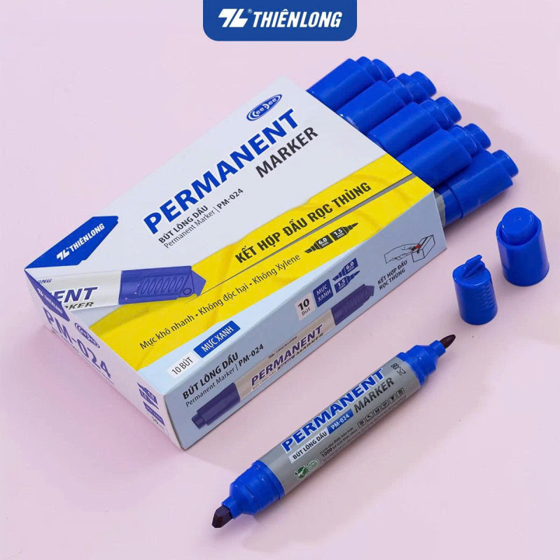 Hộp 10 bút lông dầu Thiên Long PM-024 xanh dương - kết hợp đầu rọc thùng 0