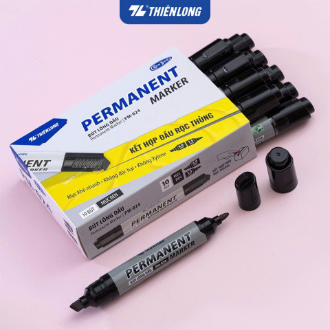 Hộp 10 bút lông dầu Thiên Long PM-024 đen - kết hợp đầu rọc thùng