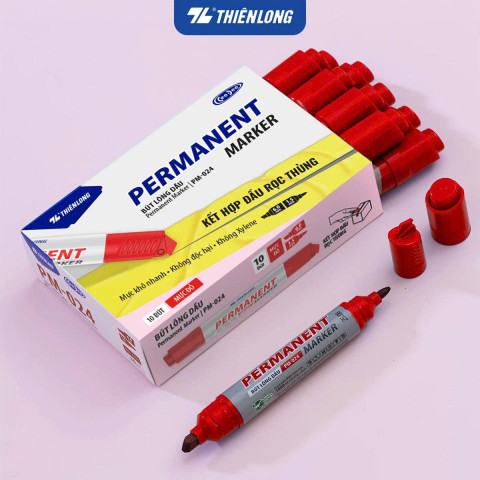 Hộp 10 bút lông dầu Thiên Long PM-024 đỏ - kết hợp đầu rọc thùng