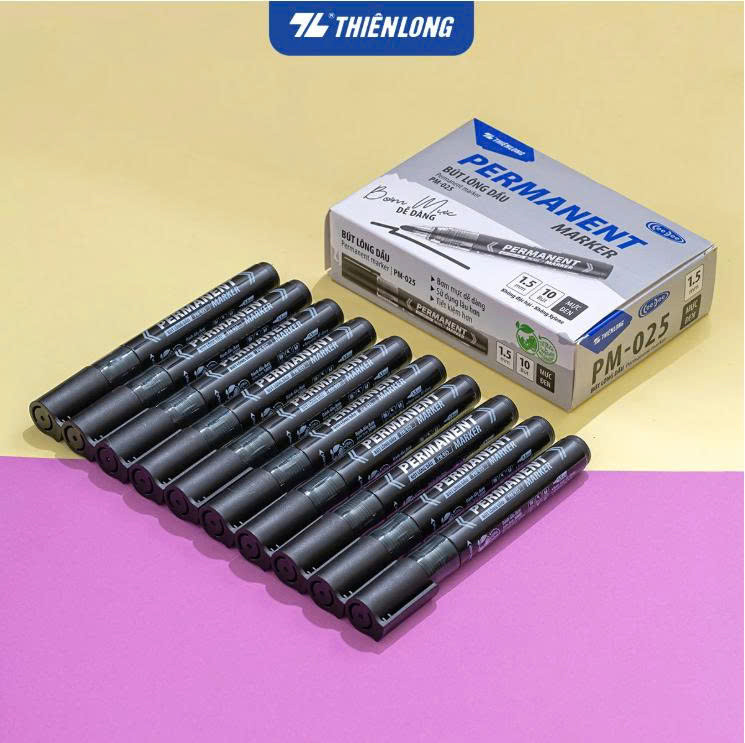 Hộp 10 bút lông dầu Thiên Long PM-025 đen - Bơm mực dễ dàng 0
