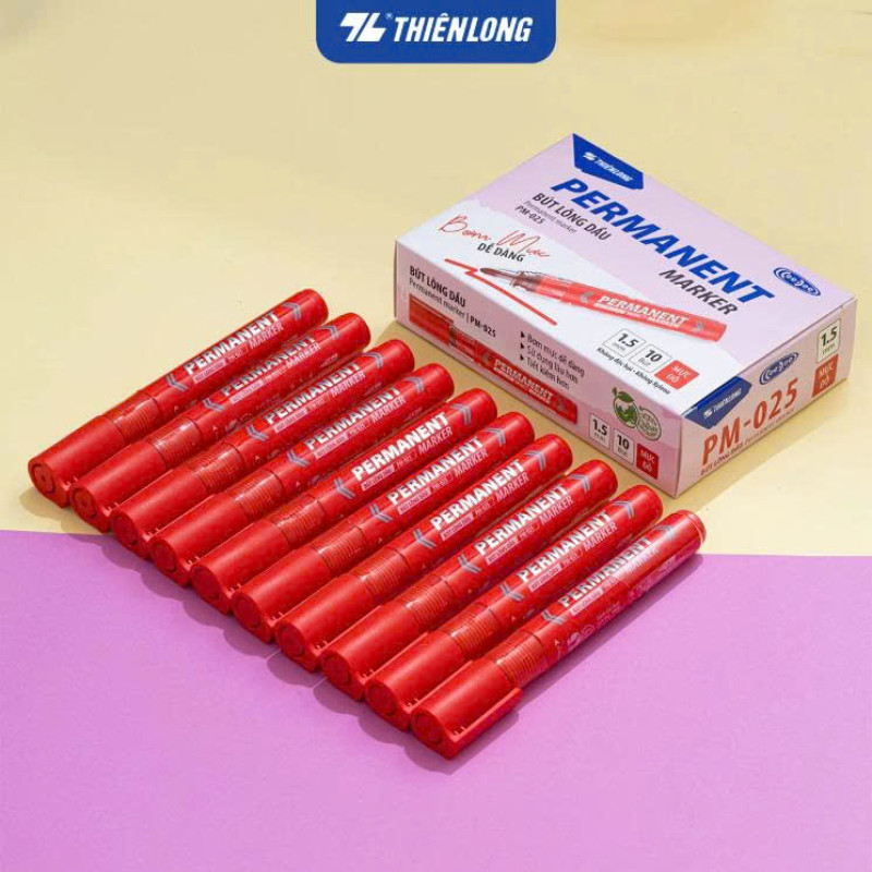 Hộp 10 bút lông dầu Thiên Long PM-025 đỏ - Bơm mực dễ dàng 0