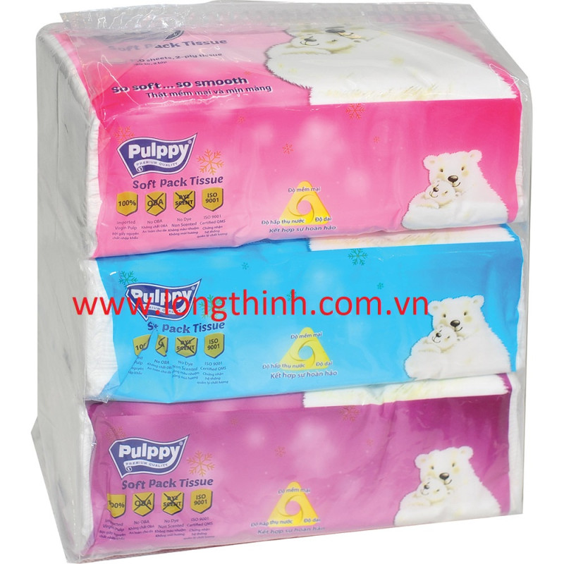 Lốc 03 gói khăn giấy rút Pulppy Bear 180 tờ/gói 0