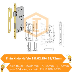 Thân khóa Hafele 911.02.154 inox 304 vàng 55/72mm