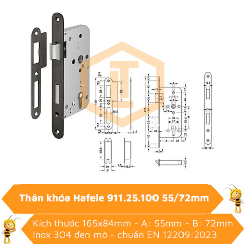 Thân khóa Hafele 911.25.100 inox 304 đen mờ 55/72mm