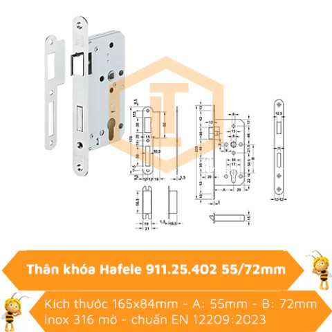 Thân khóa Hafele 911.25.402 inox 316 mờ 55/72mm