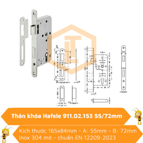 Thân khóa Hafele 911.02.153 inox 304 mờ 55/72mm