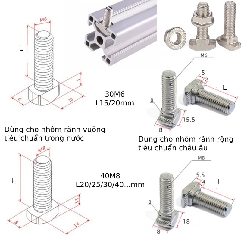 Bulong chữ T lắp nhôm định hình - Có đủ Ren M6, M8, M10